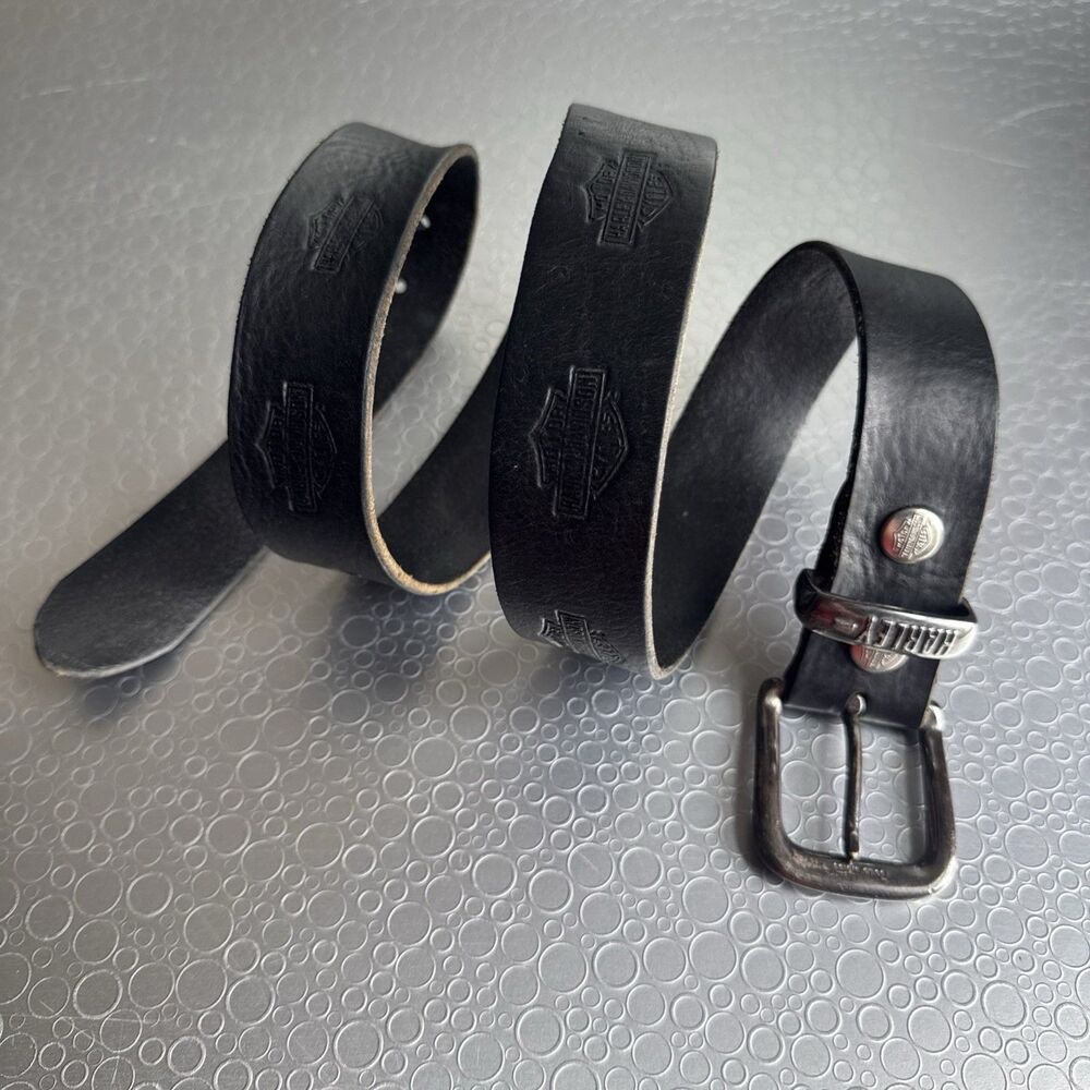 Vtg Harley Davidson Embossed Black Leather Belt Size 38 Solid Brass Buckle Biker